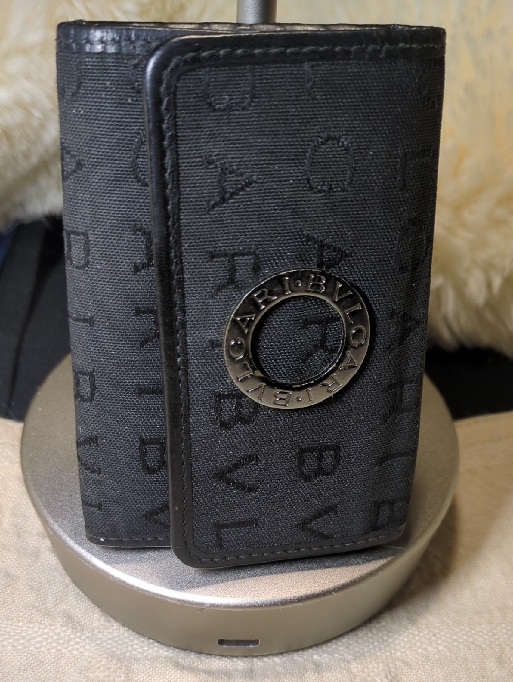 Bulgari Black Monogram Fabric Key Holder with Metal Logo